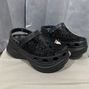 New Black Holiday Sequin Platform Bae Crocs